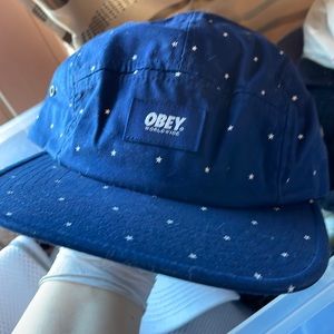 Navy star print Obey buckle hat / cap